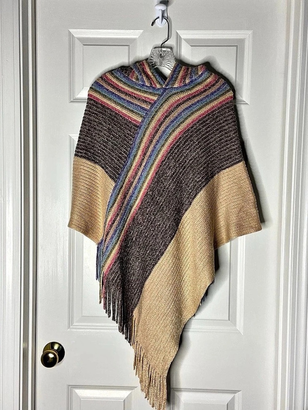 Striped Hooded Poncho in Brown, Gold & Beige Like New